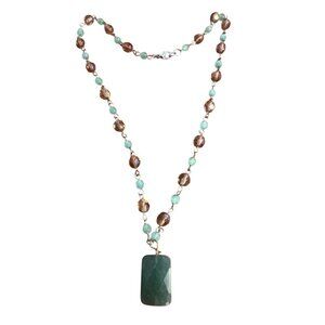 Vintage Silver Tone Bead Necklace Jade Pendant Glass Bead Boho Lobster Clasp 16"